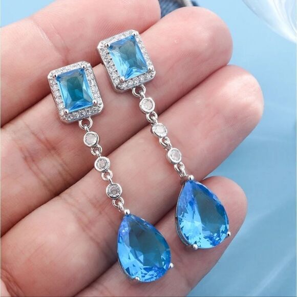 Luxurious Blue Topaz Diamond Dangle Earrings - Picture 1 of 5